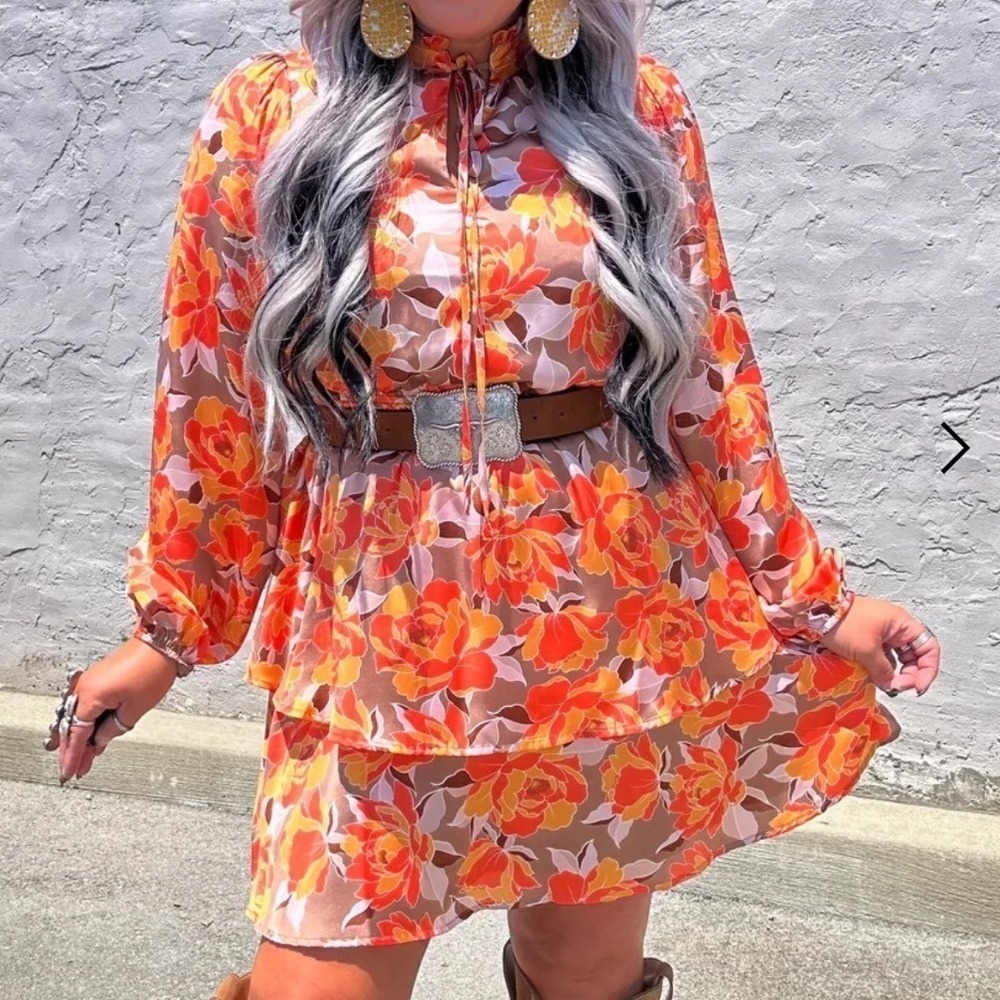 Emily Wonder Womens 1X Floral Mini Dress Orange Tan Tiered Boho 1X-18